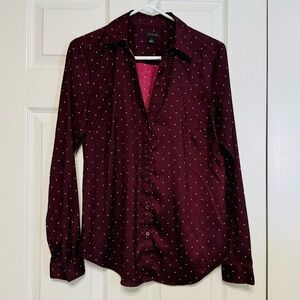 Ann Taylor Maroon and White Polka Dot Blouse